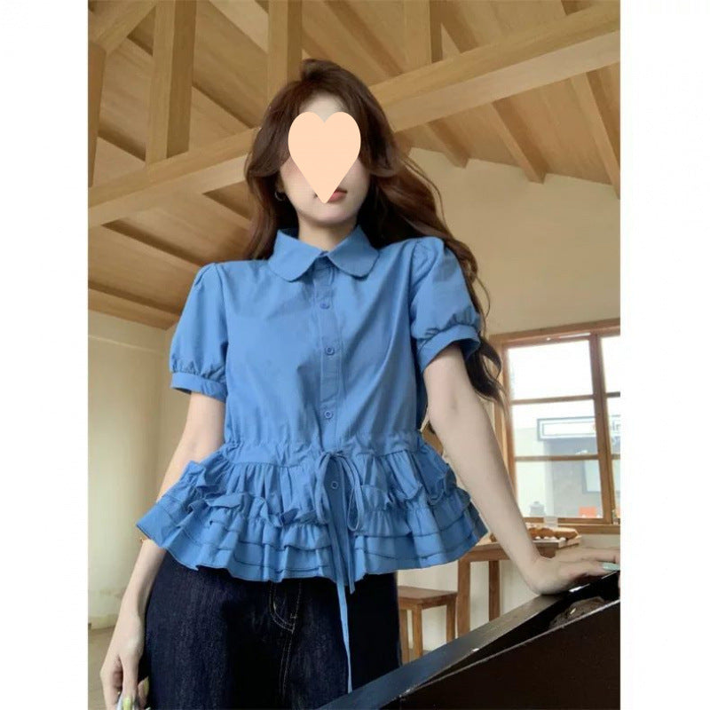 Female Cute Youth-looking Blue Doll Collar Puff Sleeve Shirt