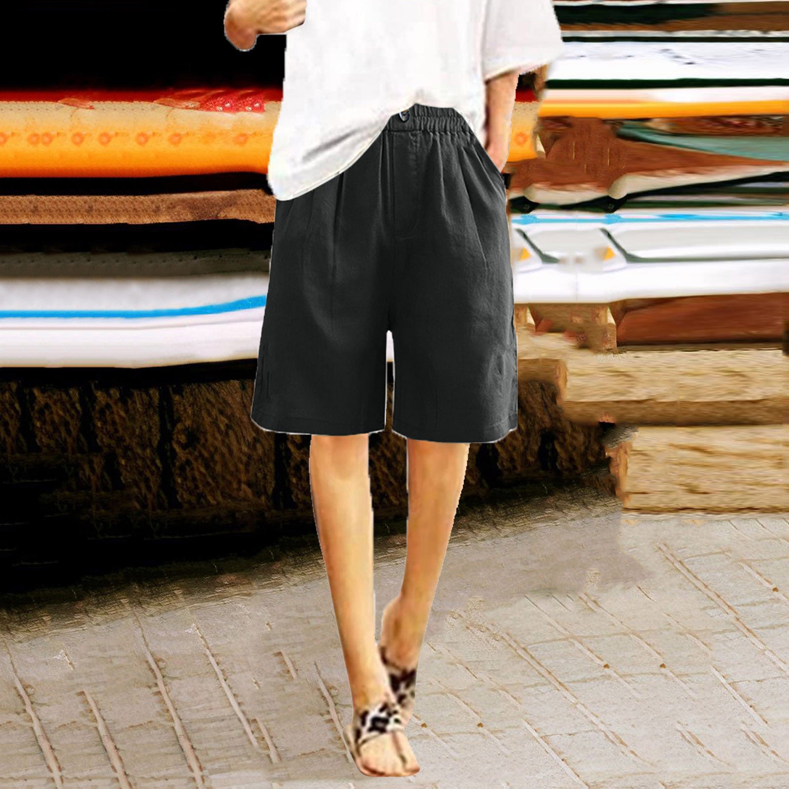 Women's Cotton And Linen Cropped Loose High Waist Shorts