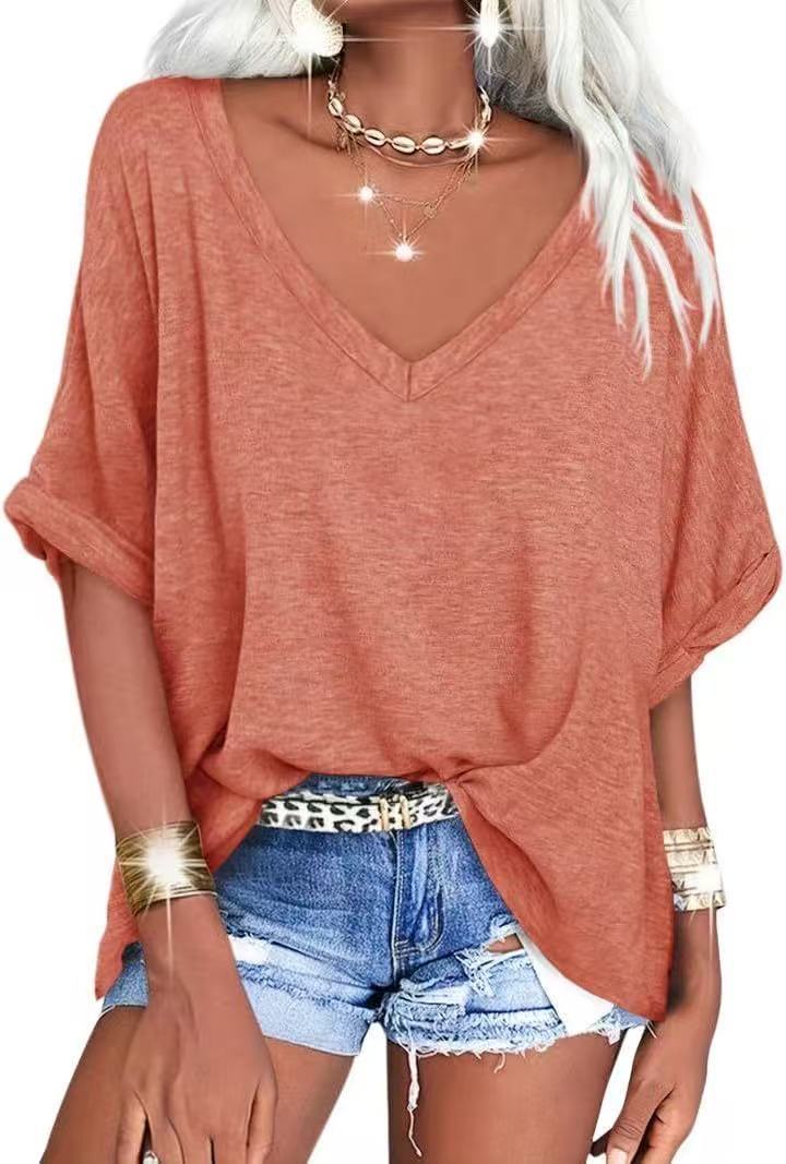 Women's Summer Loose T-shirt V-neck Curling Short Sleeve