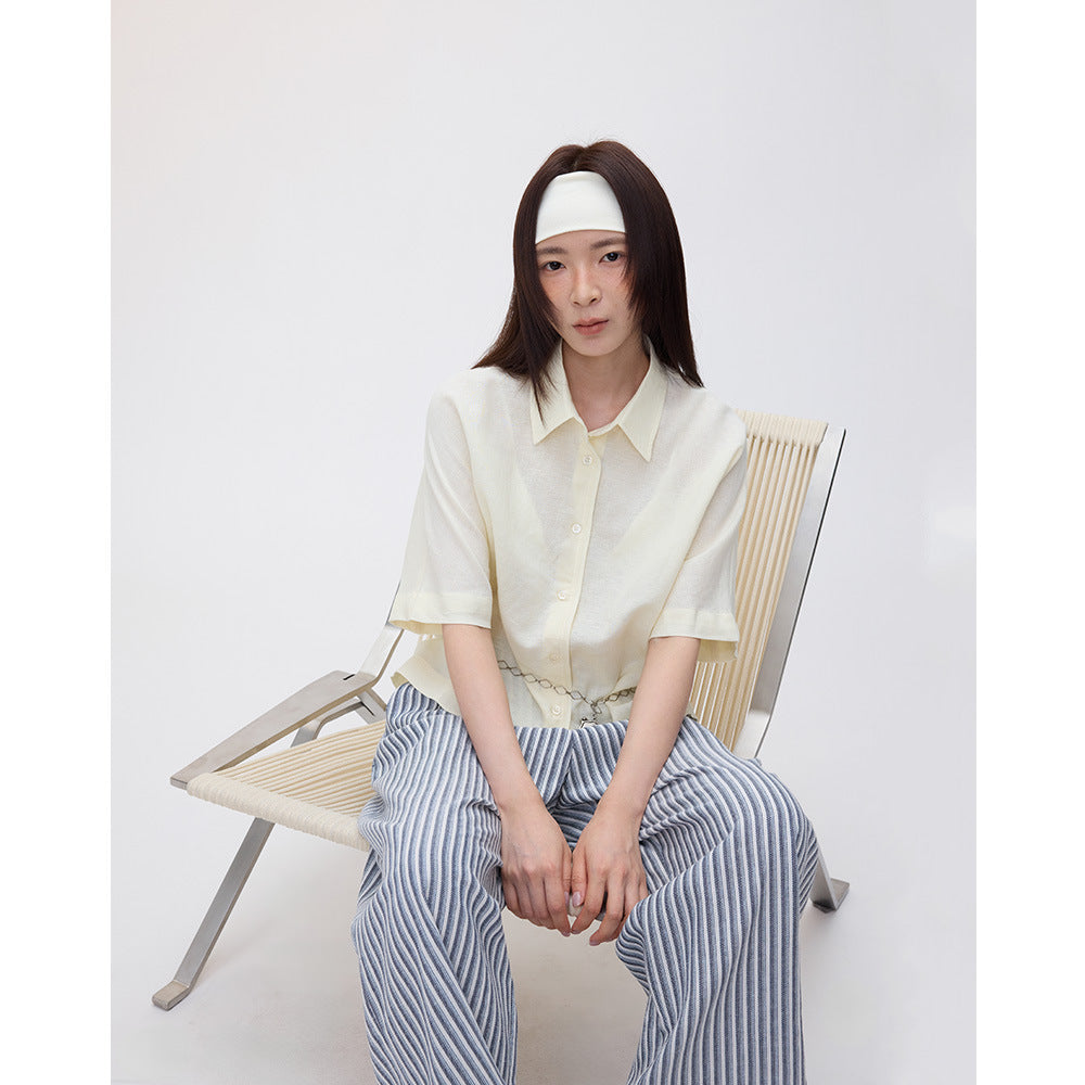Striped Cotton And Linen Wide-leg Pants High Waist