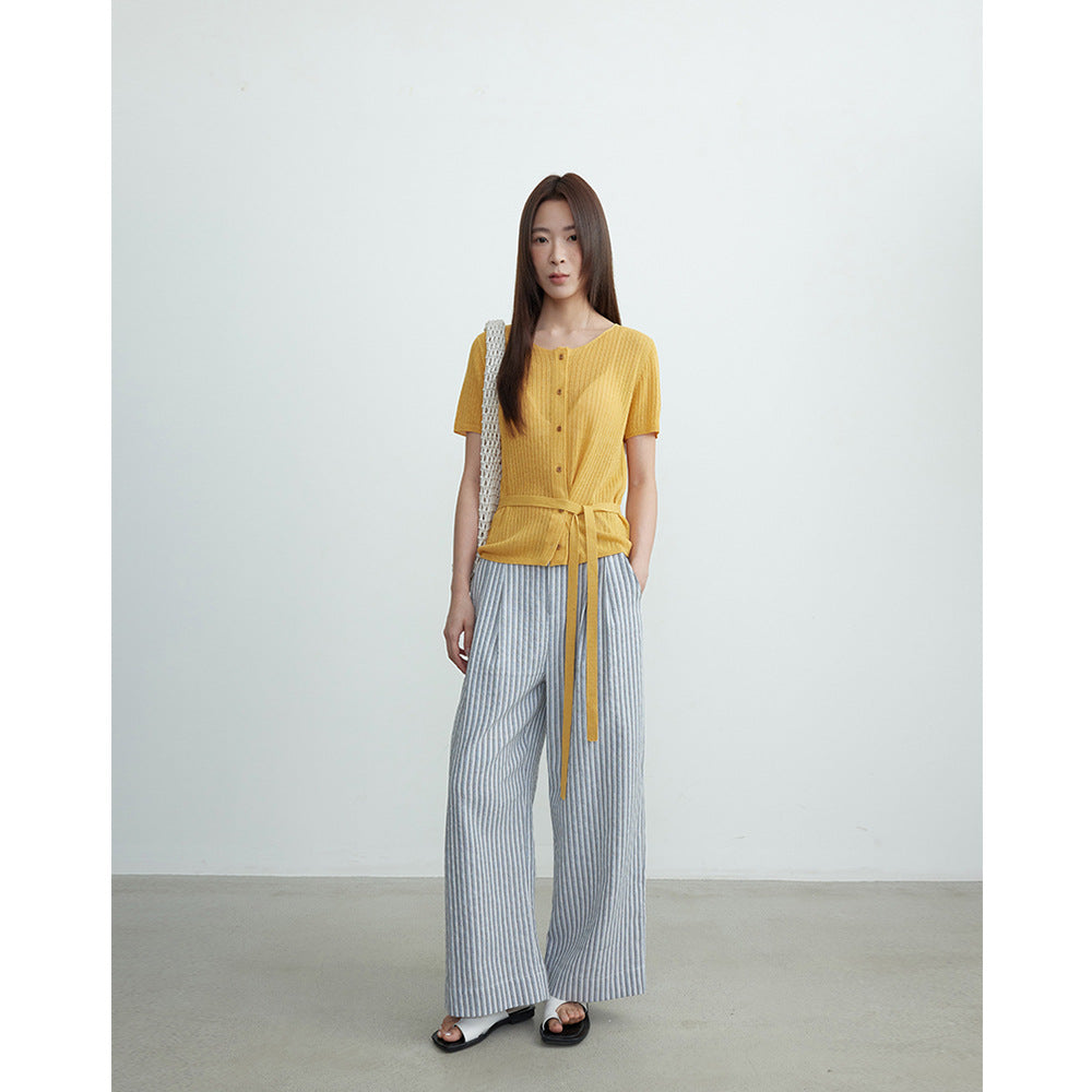 Striped Cotton And Linen Wide-leg Pants High Waist