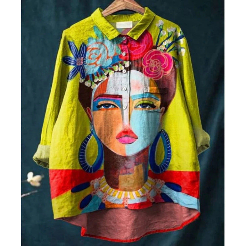 Loose Printed Crew Neck Casual Plus Size Women's Shirt