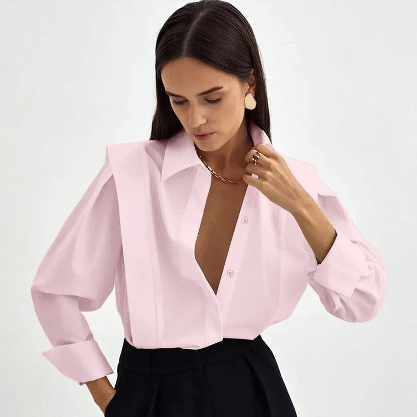 Niche European, American And French Style Commuter Right-angle Shoulder Slimming Shirt Women's Long Sleeve Stitching Sense