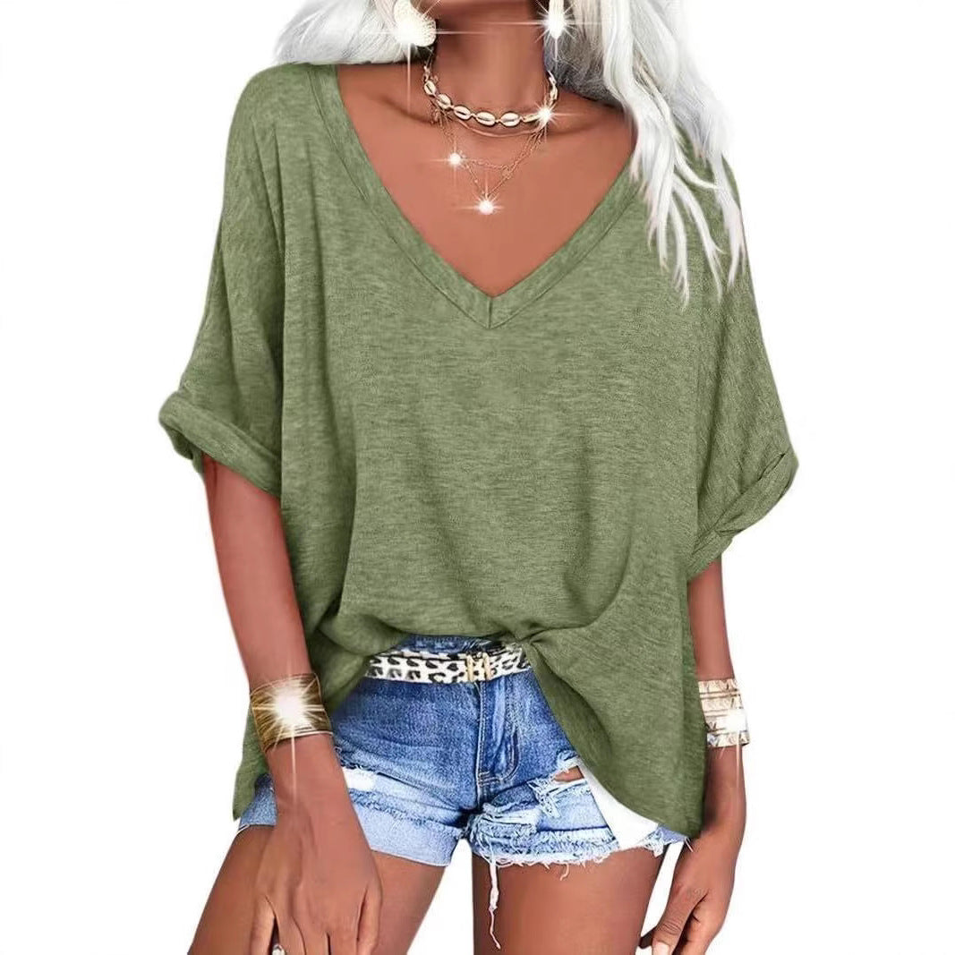 Women's Summer Loose T-shirt V-neck Curling Short Sleeve