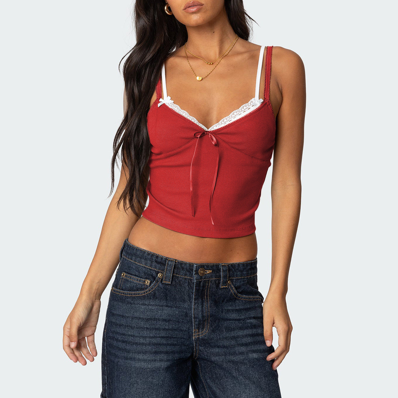 Women's Bow Collage Contrast Color Lace Fake Two-piece Top