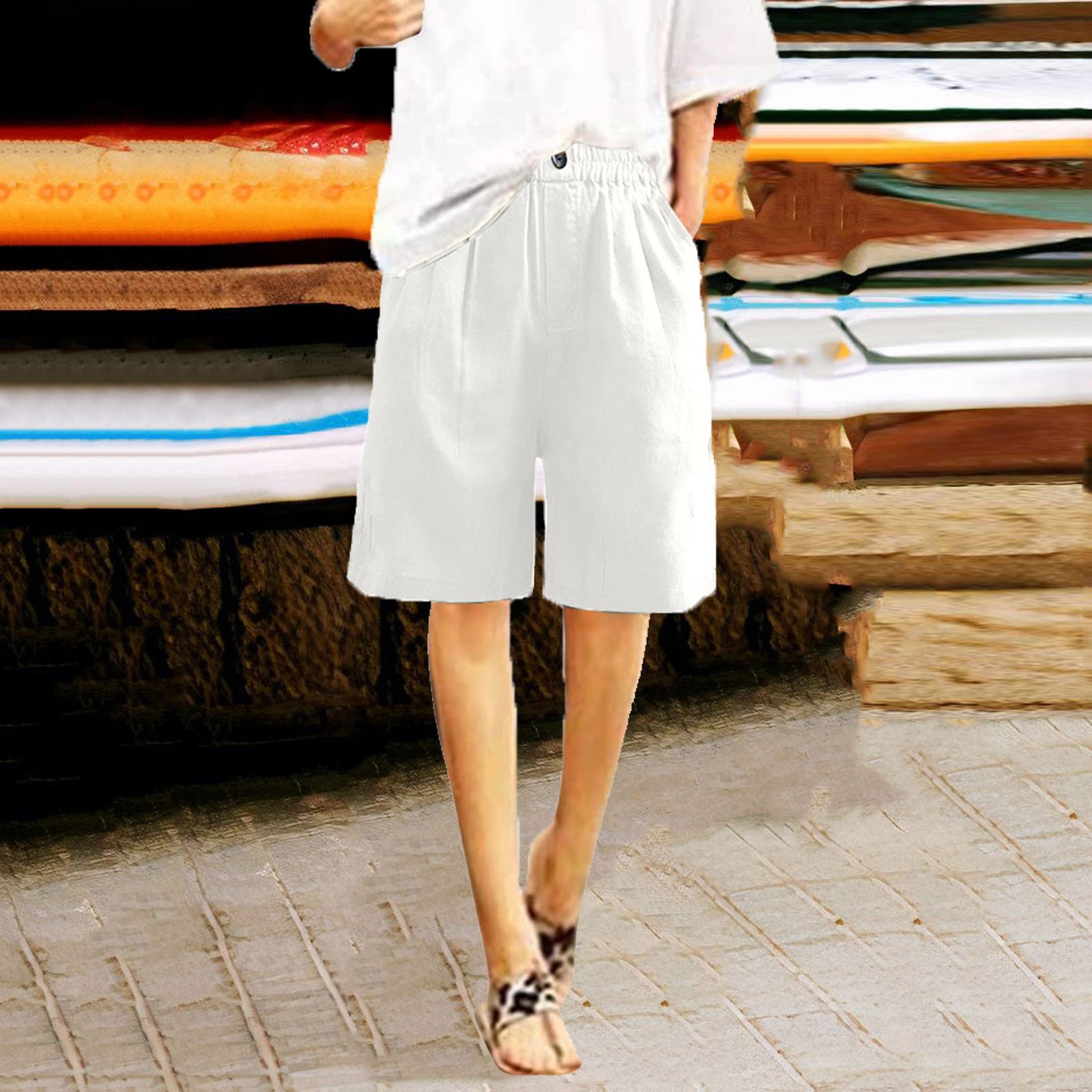 Women's Cotton And Linen Cropped Loose High Waist Shorts