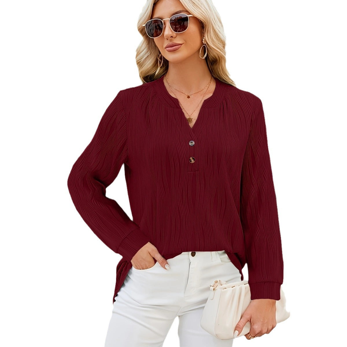 Solid Color And V-neck Button Casual Shirt Women's Top