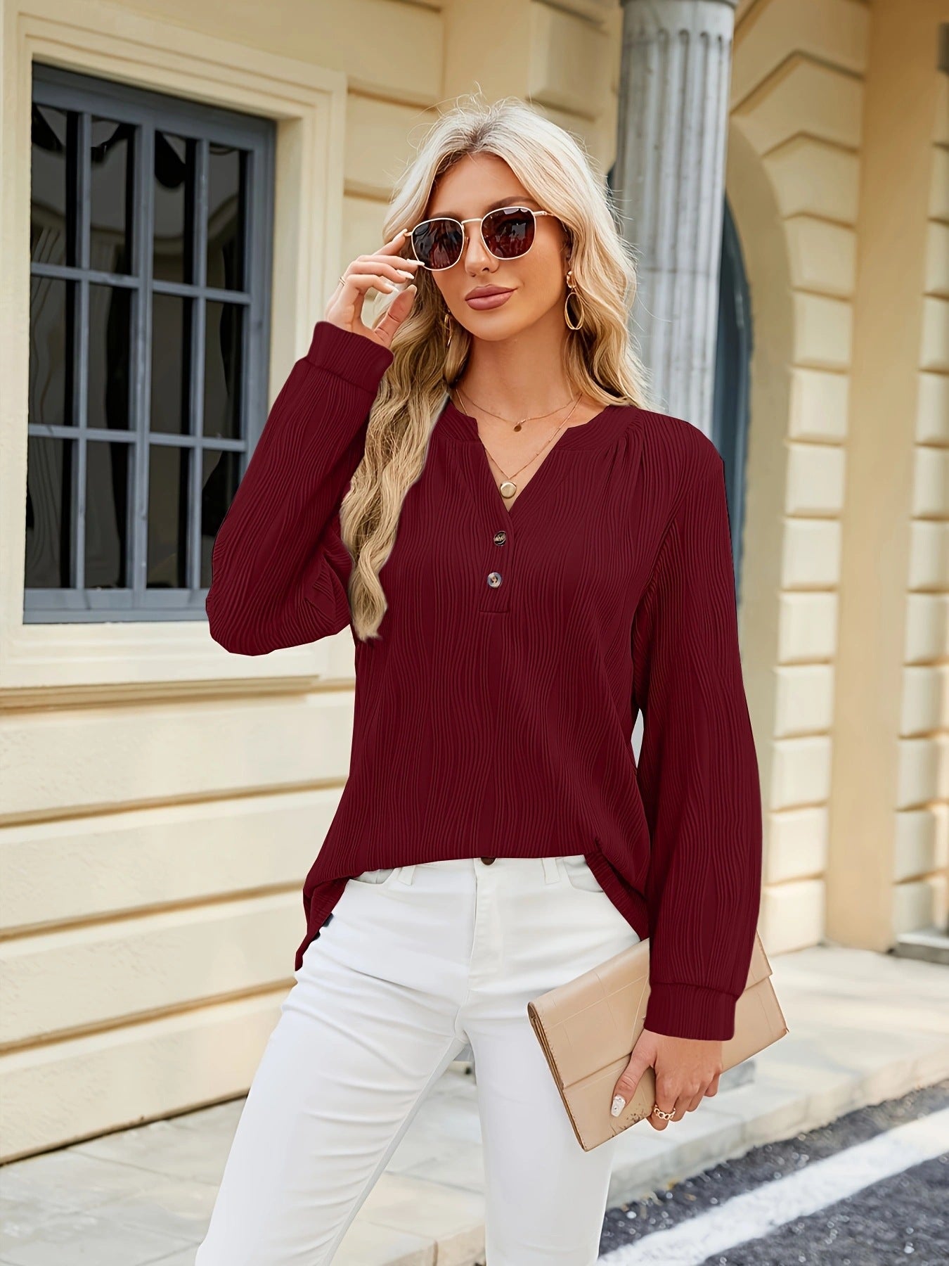 Solid Color And V-neck Button Casual Shirt Women's Top