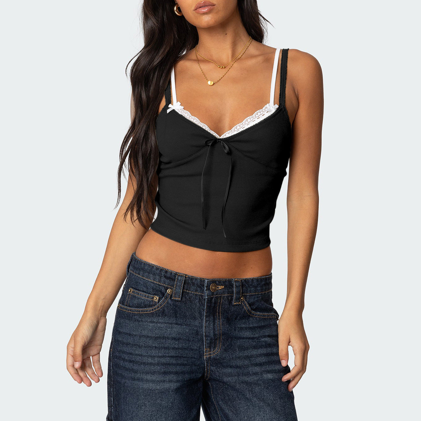 Women's Bow Collage Contrast Color Lace Fake Two-piece Top