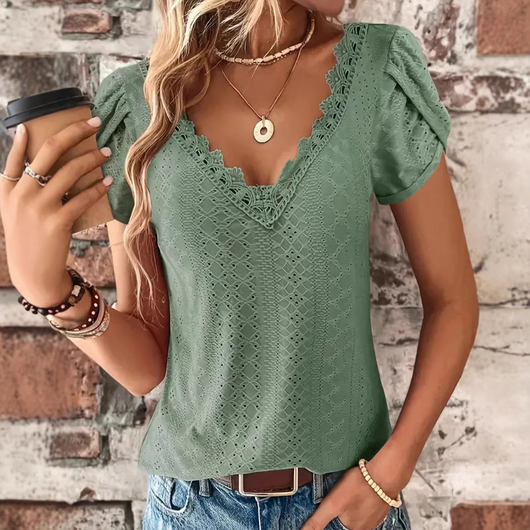 Women's Eyelet Lace Trim V-neck Shirt