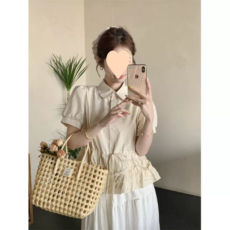 Female Cute Youth-looking Blue Doll Collar Puff Sleeve Shirt