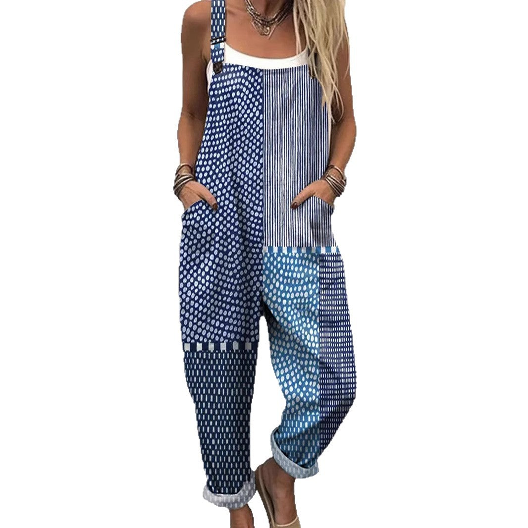 Women's Printed Loose Sleeveless Retro Jumpsuit