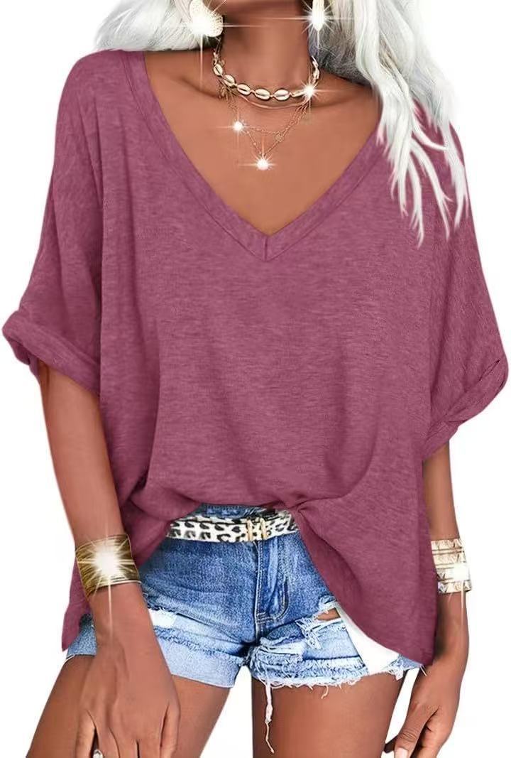 Women's Summer Loose T-shirt V-neck Curling Short Sleeve