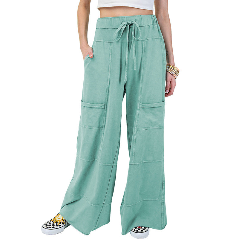 Pure Color Washed Multi-pocket Slacks