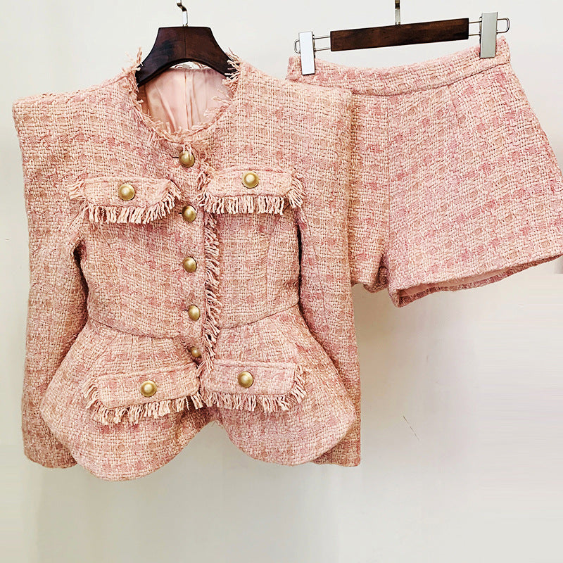New Autumn And Winter Classic Style White Shiner Thick Flowery Jacket Jacket Shorts Suit