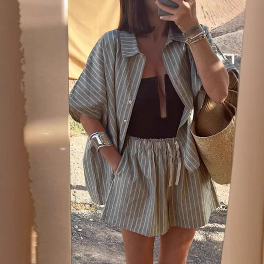 Striped Shirt Pocket Shorts Loose Leisure Suit Women
