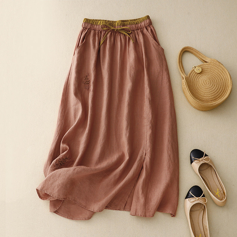 Artistic Embroidered Patchwork Skirt Elastic Waist Color Matching A- Line Skirt