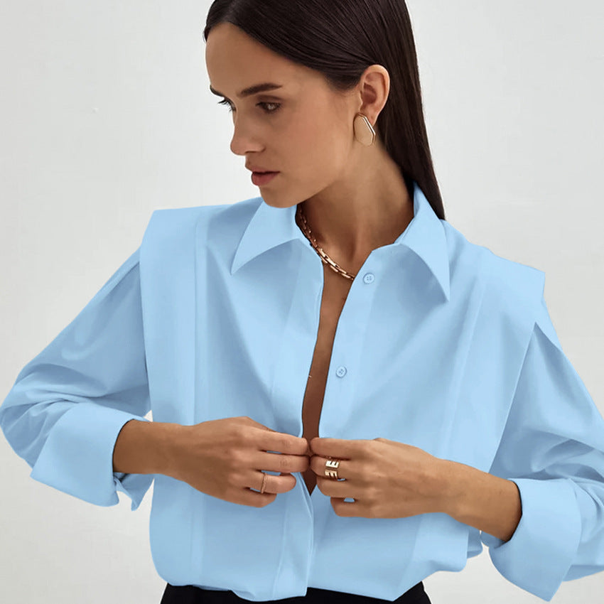 Niche European, American And French Style Commuter Right-angle Shoulder Slimming Shirt Women's Long Sleeve Stitching Sense