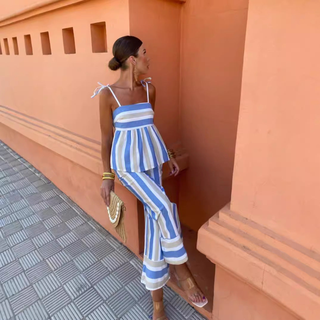 Color Matching Sling Top And Trousers Suit