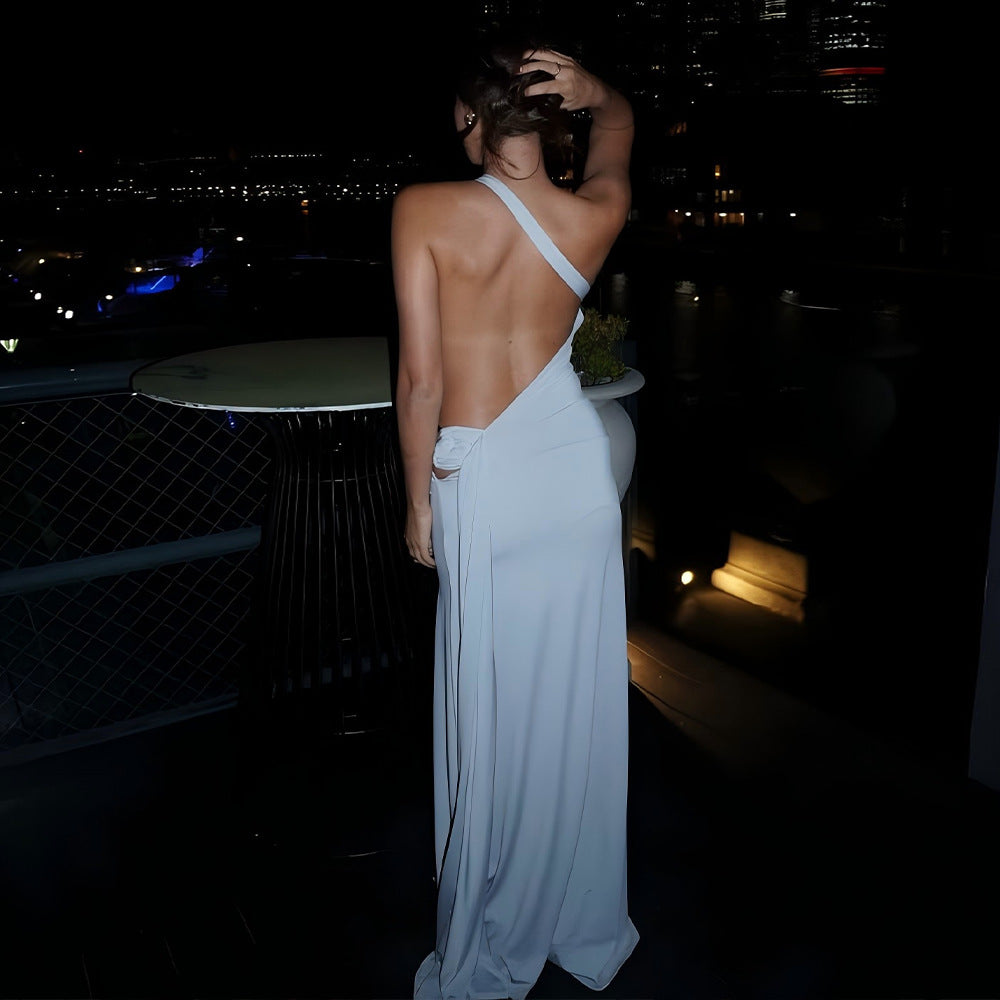 Elegant Fashion Slant Shoulder Women Dress Sexy Backless Metal Decoration Slim Solid Color