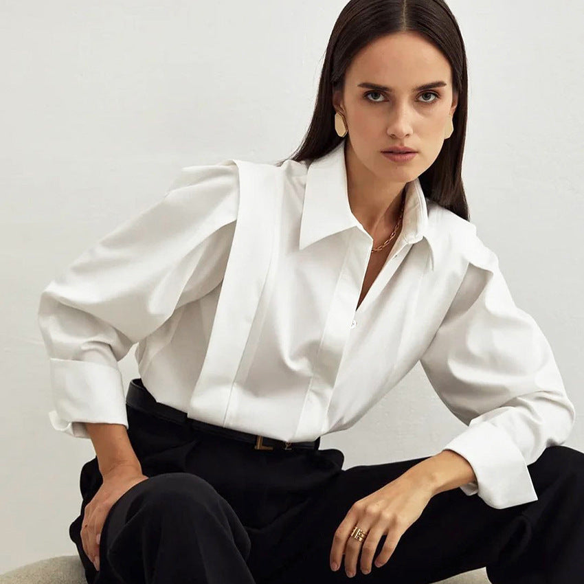 Niche European, American And French Style Commuter Right-angle Shoulder Slimming Shirt Women's Long Sleeve Stitching Sense