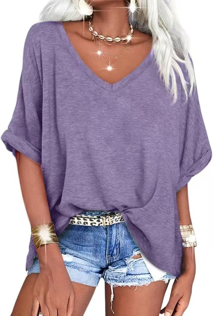 Women's Summer Loose T-shirt V-neck Curling Short Sleeve