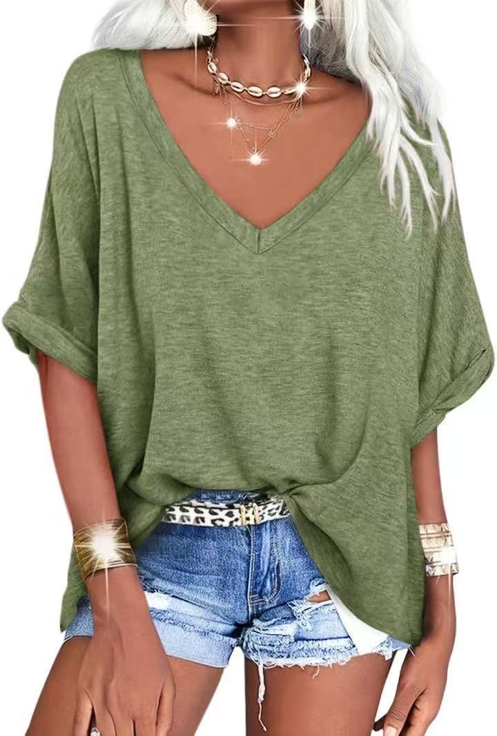 Women's Summer Loose T-shirt V-neck Curling Short Sleeve