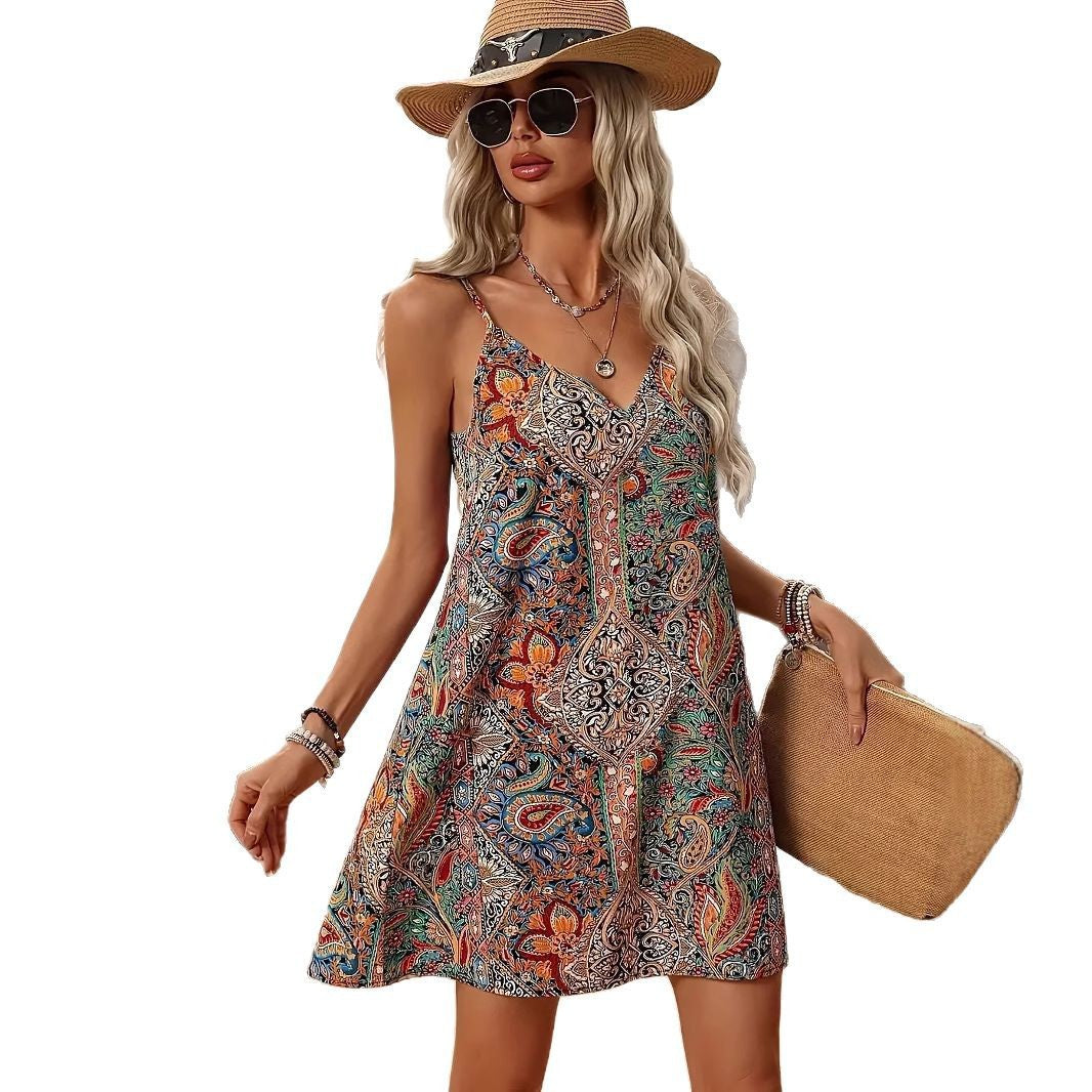 Female Ethnic Bohemian Printing Slip Dress