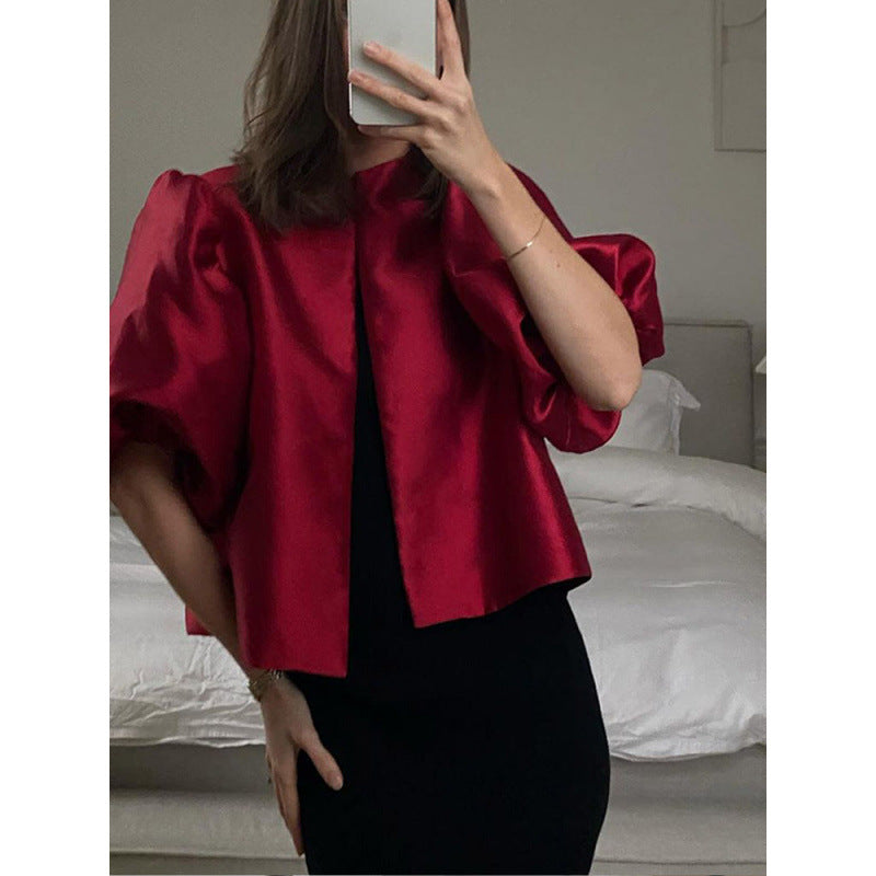 Solid Color Puff Sleeve Satin Short Coat