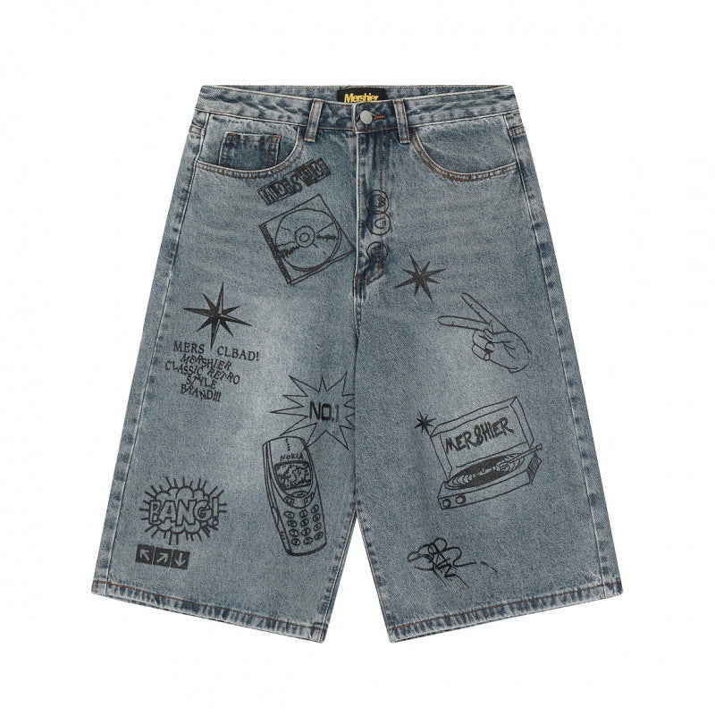 American Street Graffiti Printing Denim Middle Pants