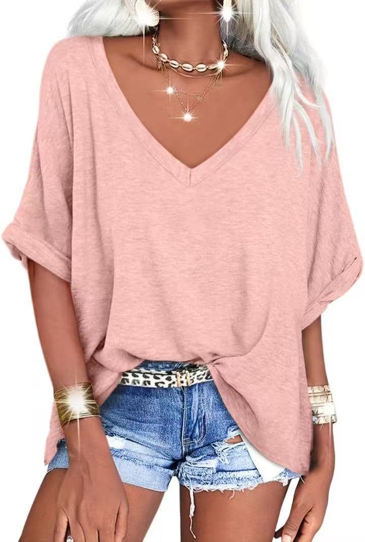 Women's Summer Loose T-shirt V-neck Curling Short Sleeve