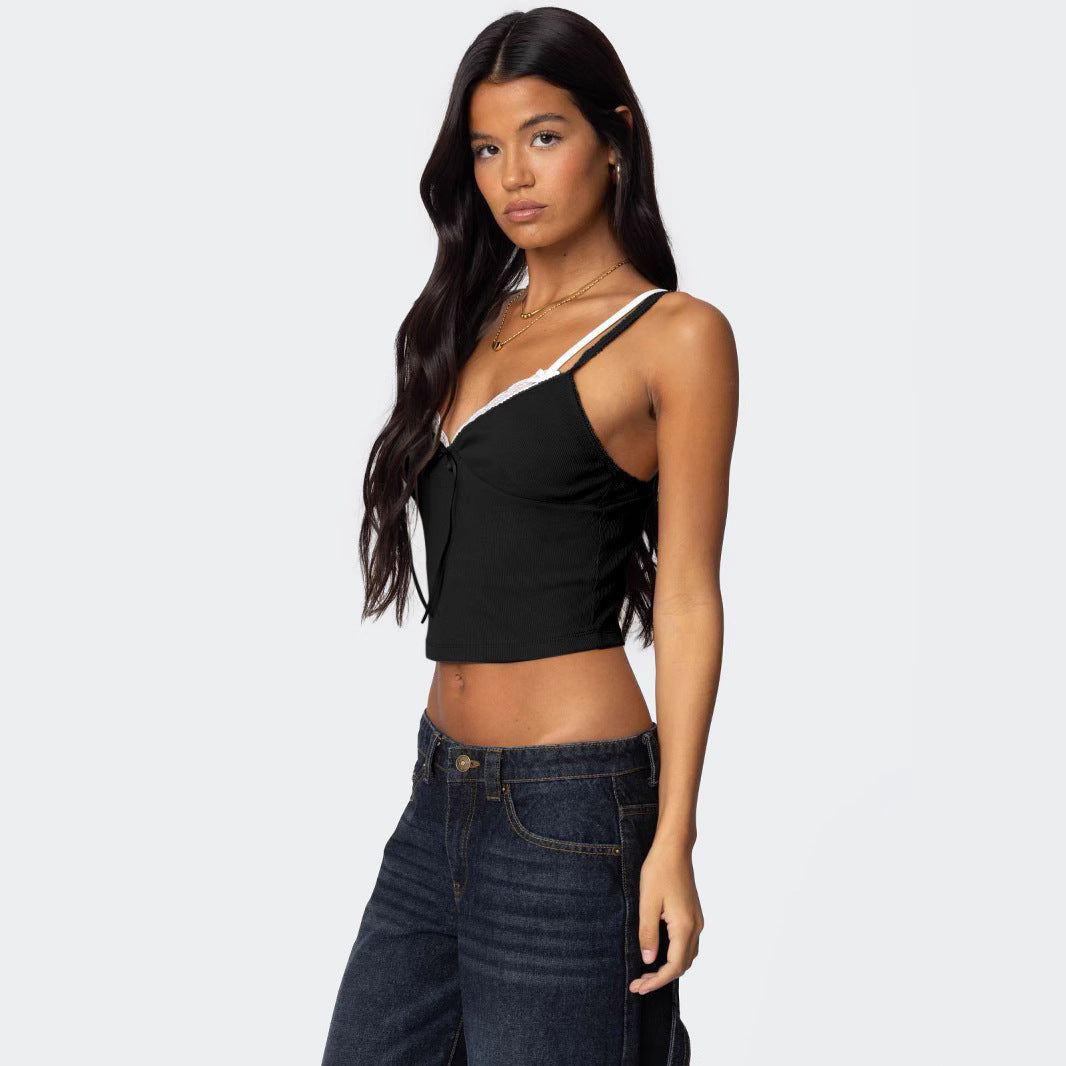 Women's Bow Collage Contrast Color Lace Fake Two-piece Top