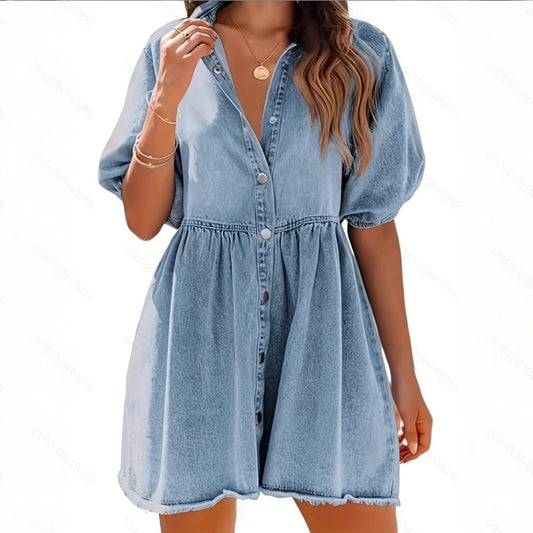 Washed Denim Lapel Loose Dress Skirt