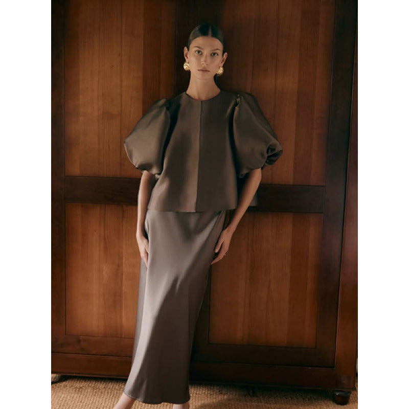 Solid Color Puff Sleeve Satin Short Coat