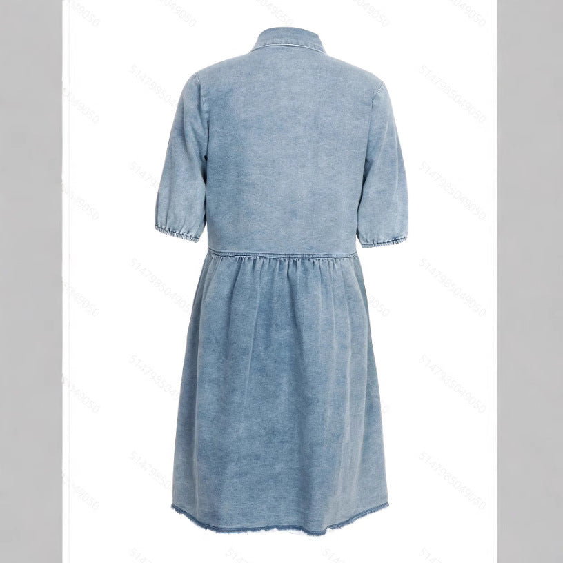 Washed Denim Lapel Loose Dress Skirt