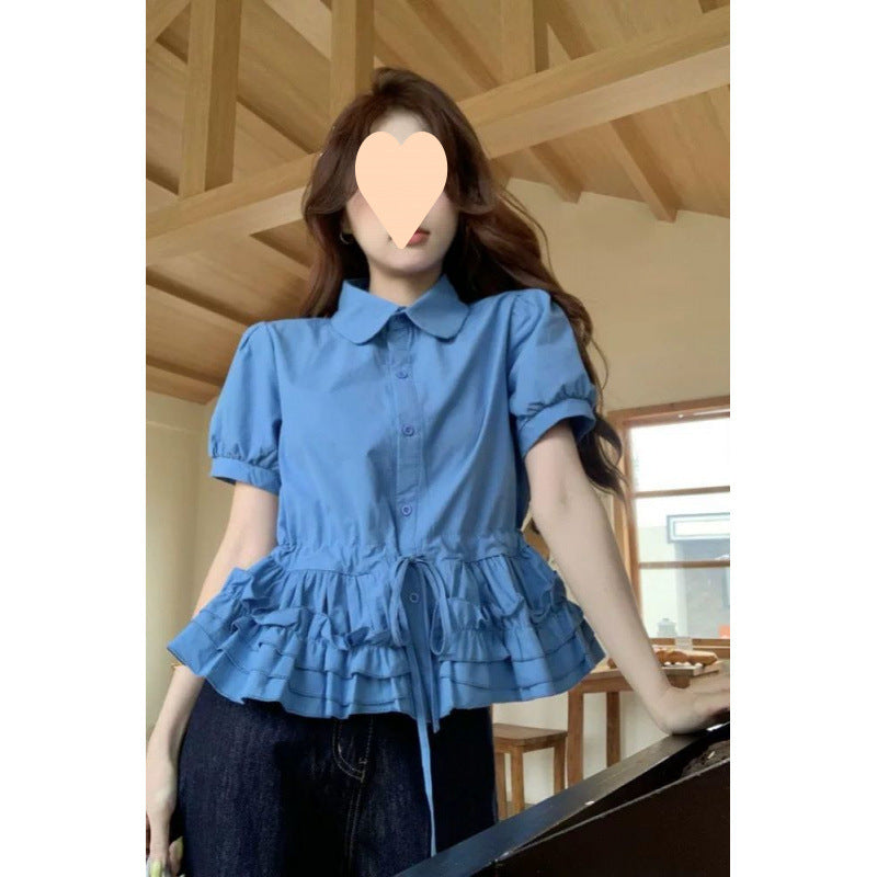 Female Cute Youth-looking Blue Doll Collar Puff Sleeve Shirt