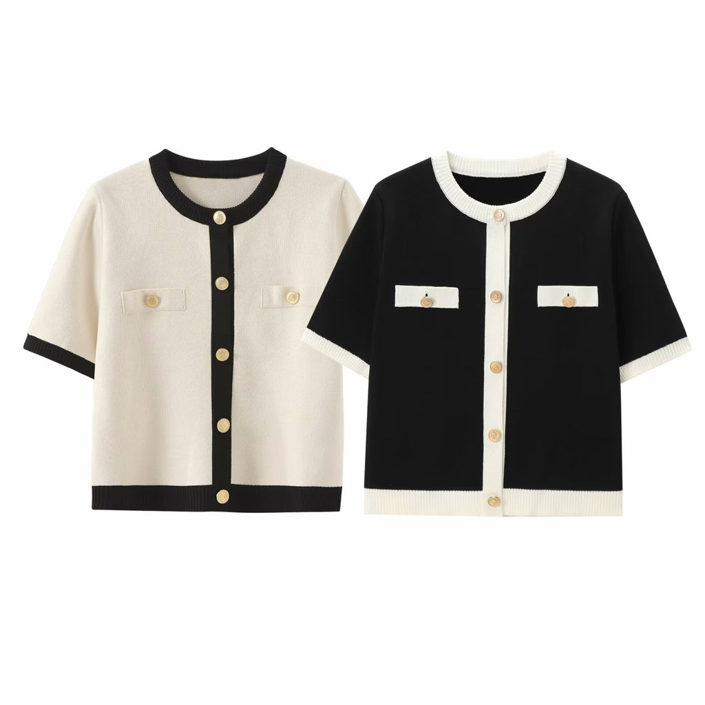 Fashion Color Contrast Round Neck Short Sleeve Knitted Cardigan