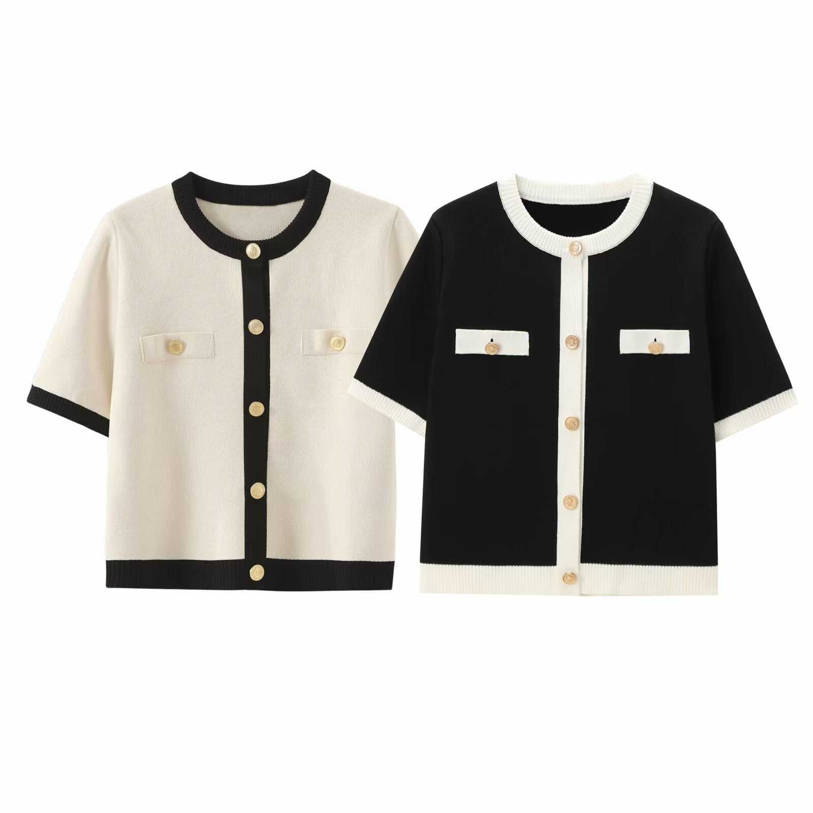 Fashion Color Contrast Round Neck Short Sleeve Knitted Cardigan