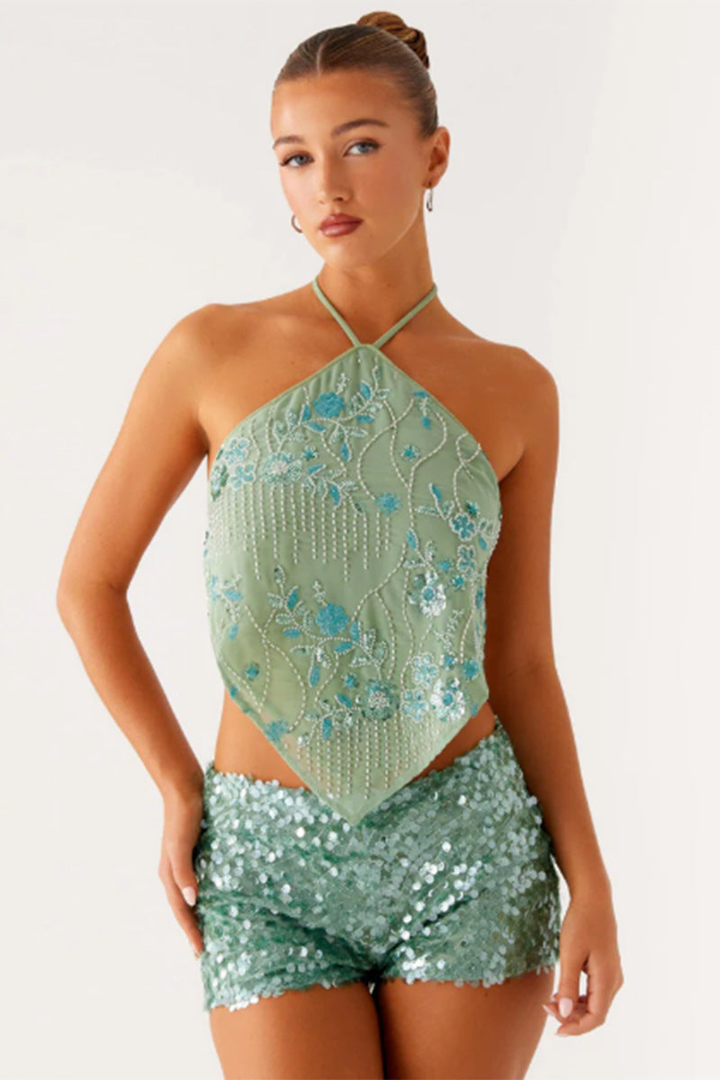 Trendy Sequined Embroidered Halter Spaghetti Straps Backless Lace-up Sleeveless Top
