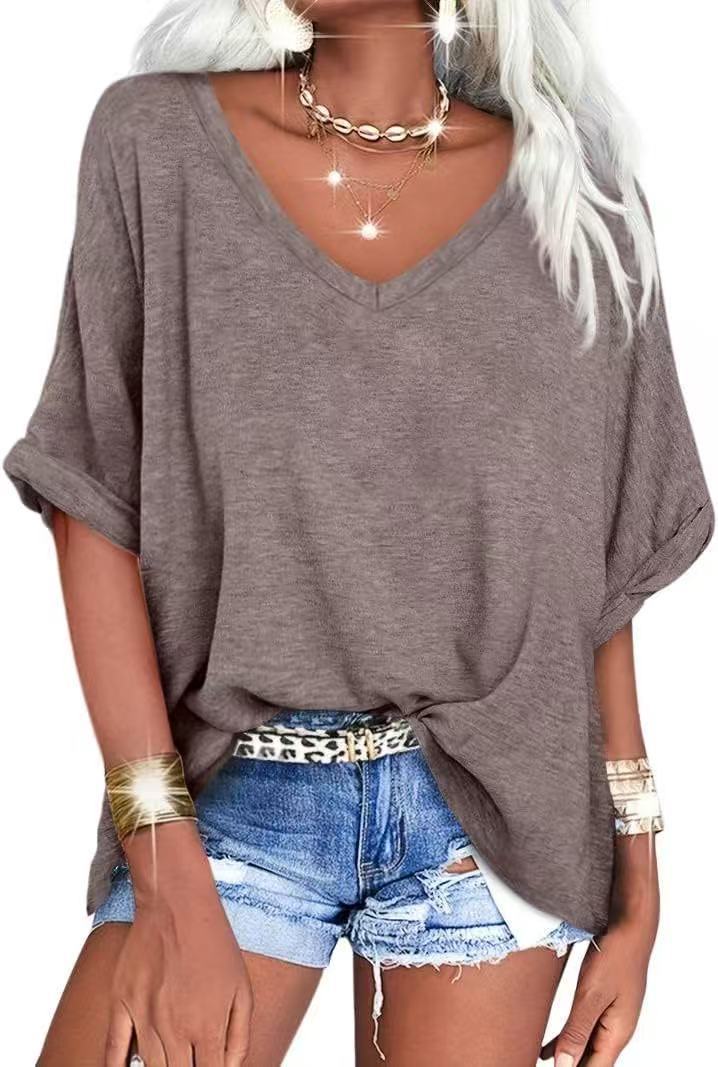 Women's Summer Loose T-shirt V-neck Curling Short Sleeve