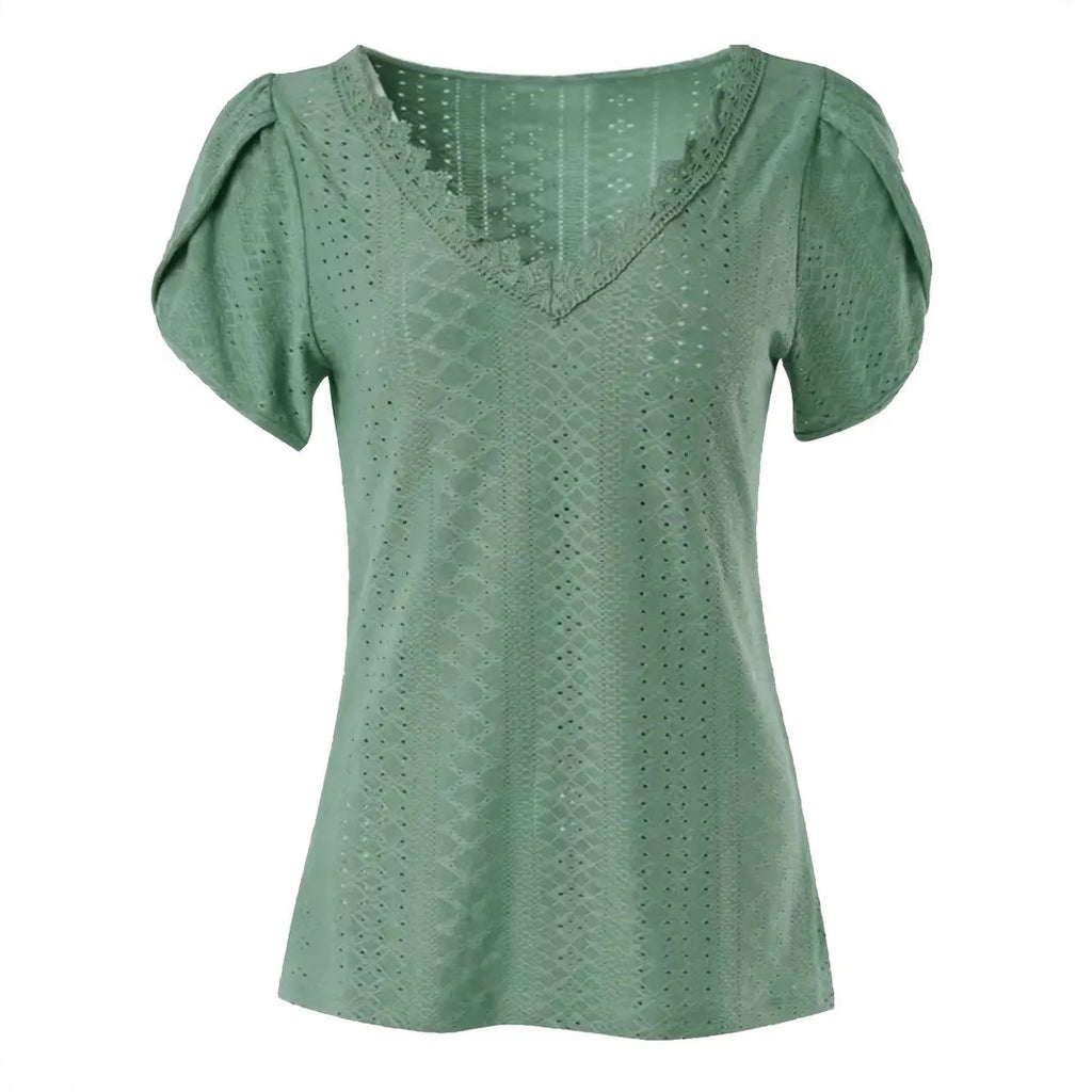 Women's Eyelet Lace Trim V-neck Shirt