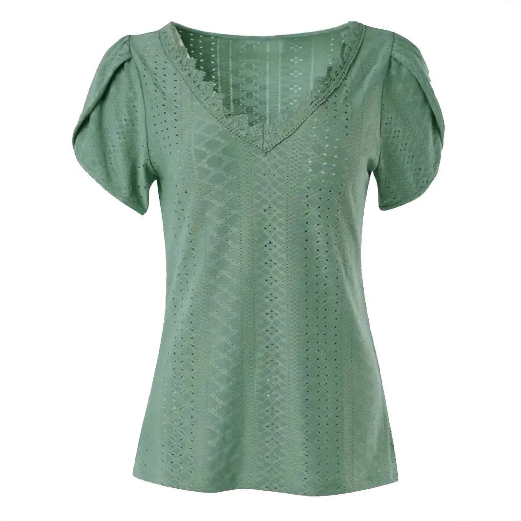 Women's Eyelet Lace Trim V-neck Shirt