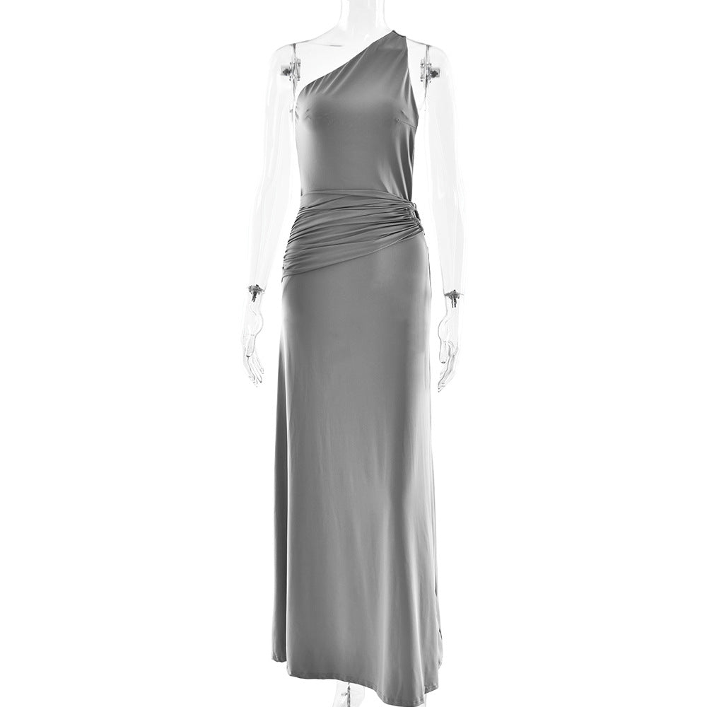 Elegant Fashion Slant Shoulder Women Dress Sexy Backless Metal Decoration Slim Solid Color