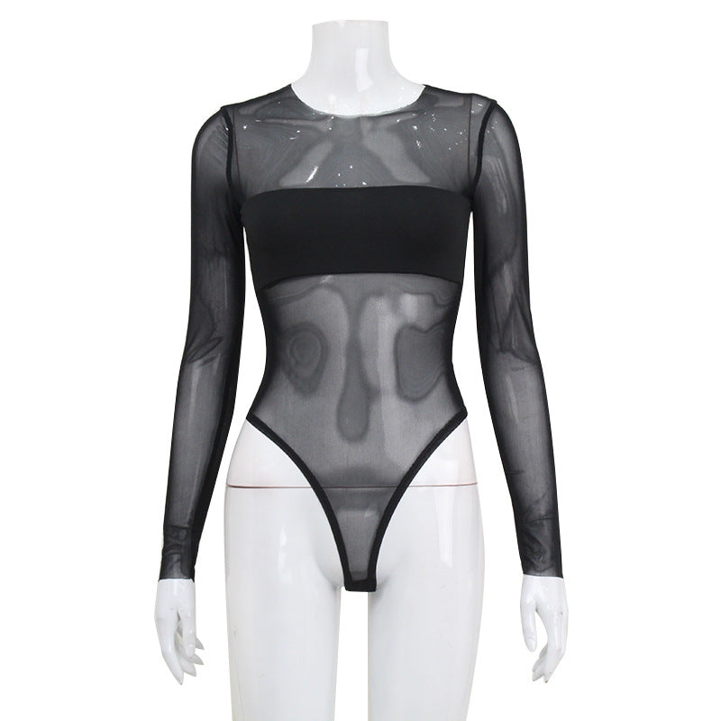 Fashion Mesh European And American Sexy Long Sleeve Mesh Slimming Patchwork Hot Girl Jumpsuit