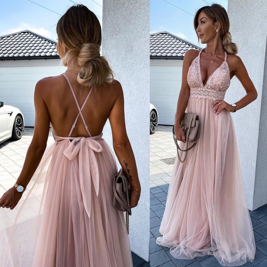 European And American Mesh Deep V Formal Dress