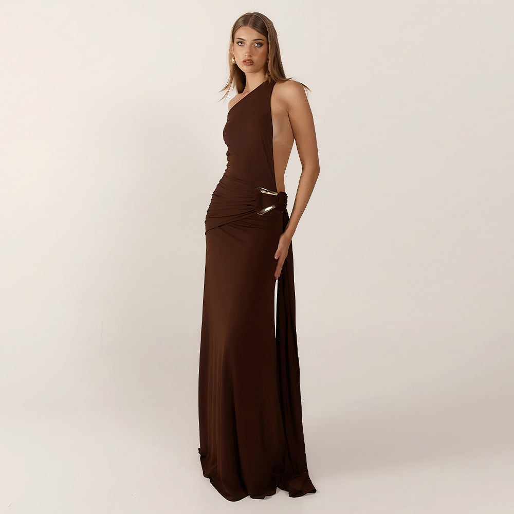 Elegant Fashion Slant Shoulder Women Dress Sexy Backless Metal Decoration Slim Solid Color