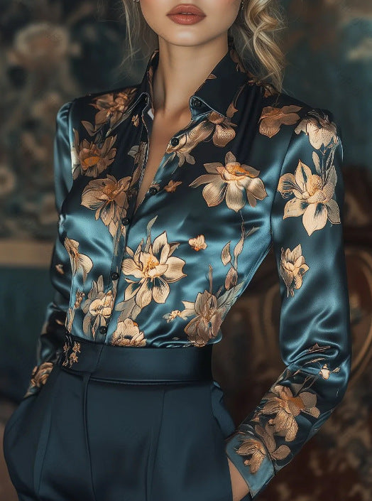 Spring And Summer Lapels Fashion Trollius Chinensis Printed Shirt