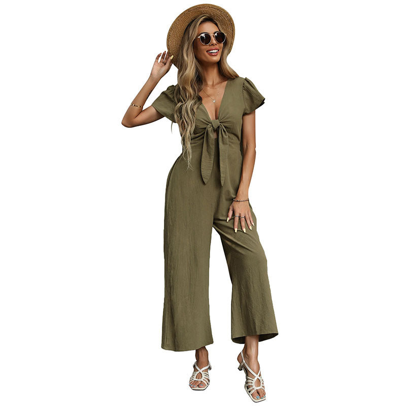 Women's Sexy V-neck Cropped Wide-legged Jumpsuit