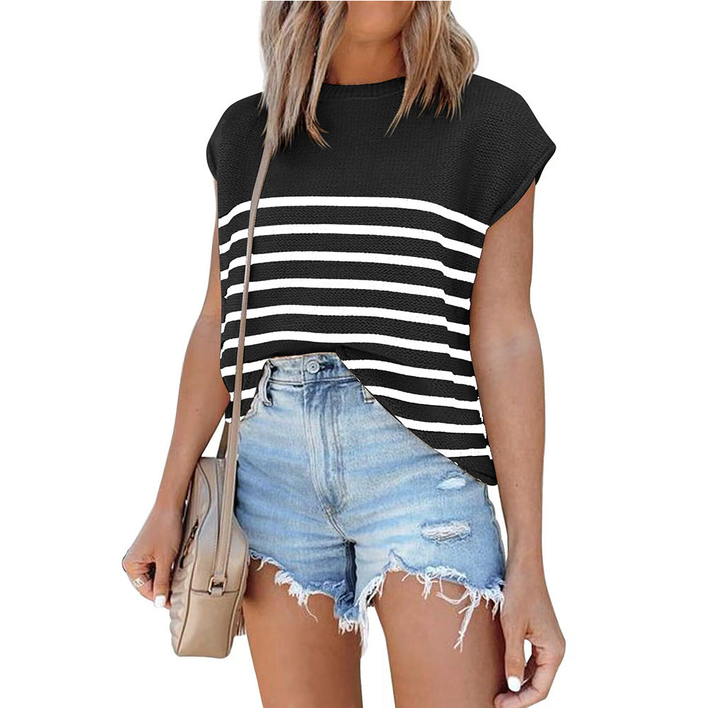 Women's Round Neck Top Thick Needle Casual Striped Short Sleeve