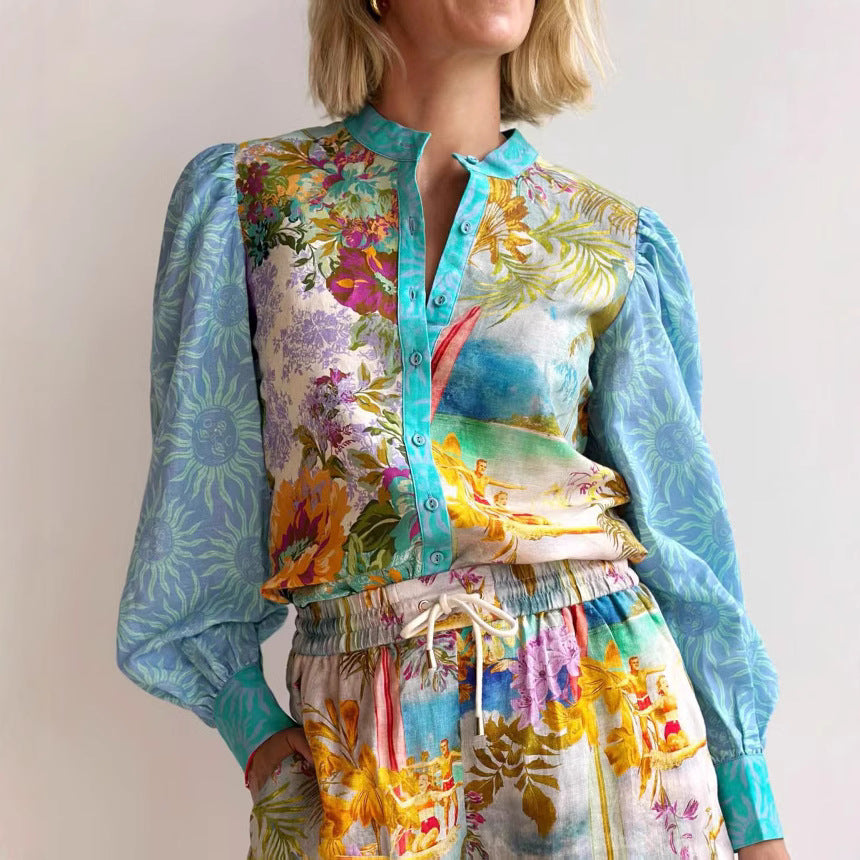 Casual Long Linen Sleeves Shirt Shorts Suit